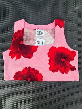Paper Heart Pink Floral Crop Camisole with Red Blooms